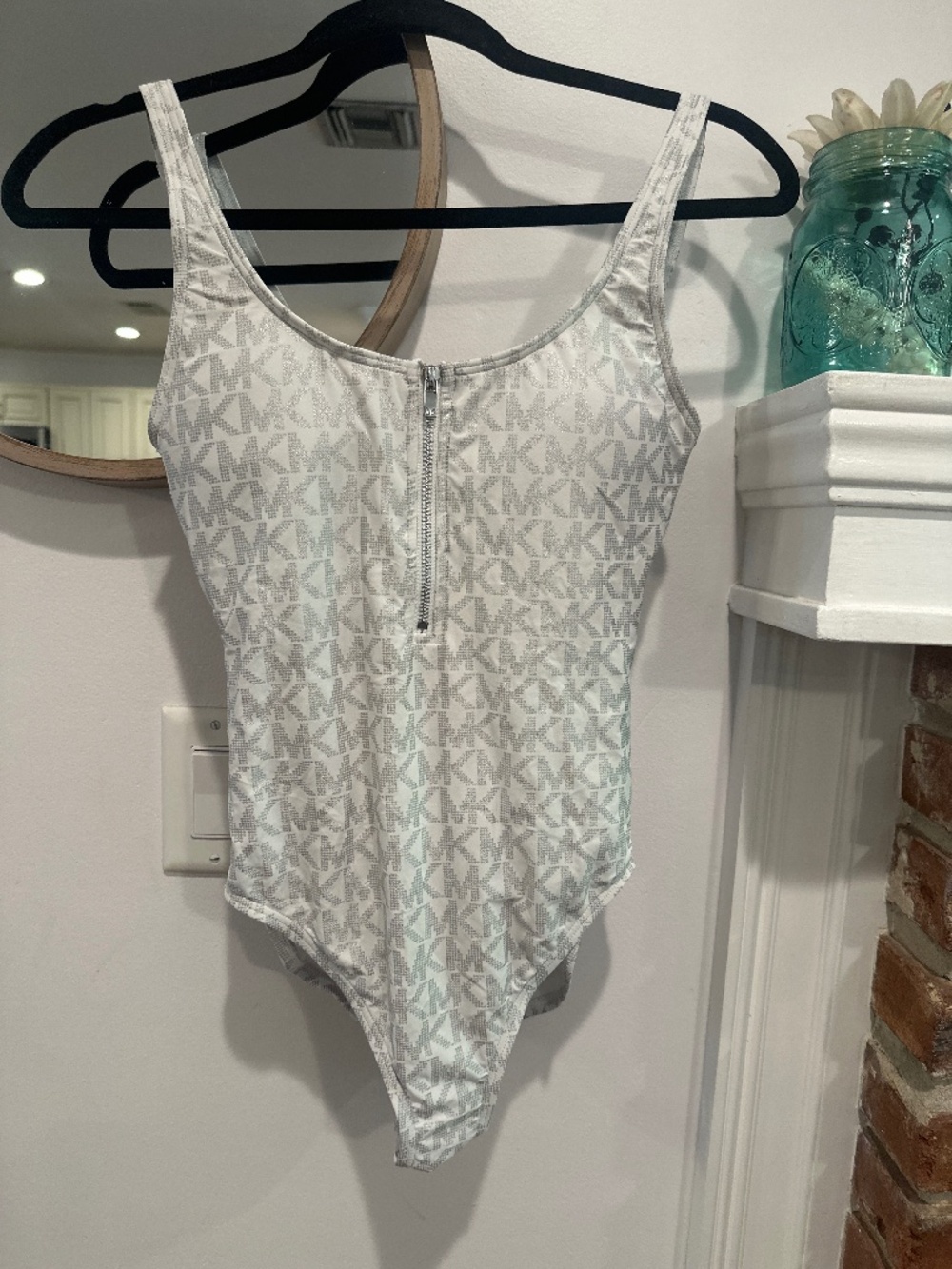 Michael Michael Kors White, Silver Logo Print Zip Front OnePiece Swimsuit Size 6